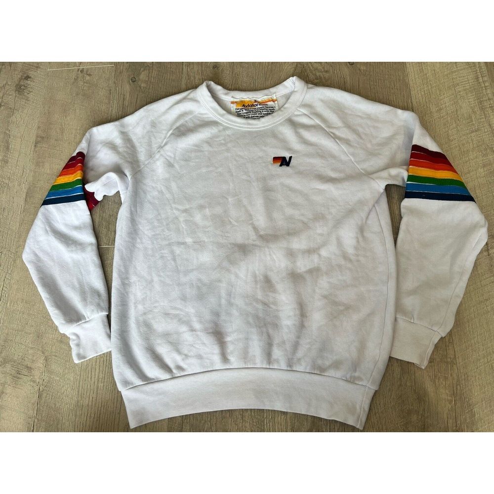 Aviator Nation Rainbow Stitch Crew Sweatshirt White Oversized S Unisex